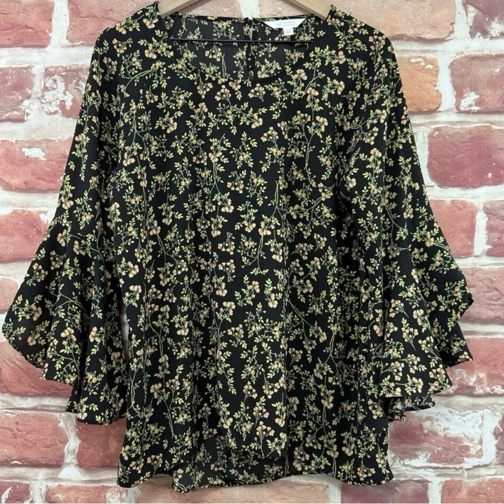 LC Lauren Conrad Top Womens L Black Multicolor Floral Vine Casual Career Popover
